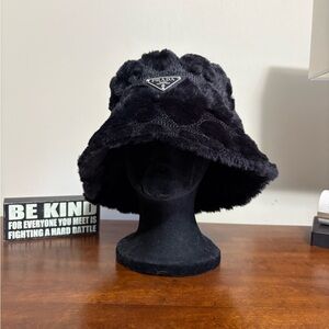 Prada Elegant Black Fur Bucket Hat